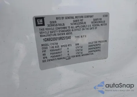 2009 Chevrolet Tahoe Police z USA, uszkodzony, nr VIN 1GNEC03019R251540